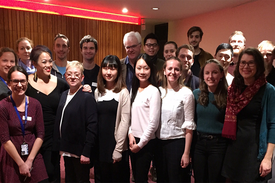 The new intake of 15 String Experience players from the RCM, RAM and Guildhall with LSO players Maxine Kwik-Adams, Sarah Quinn, Robert Turner, Hilary Jones, Tom Goodman and some LSO staff.